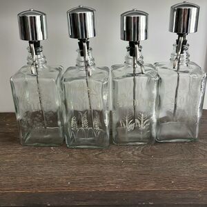 1950’s -60’s RARE MCM Decanter Set (4) with Chrome Pump Tops Etched